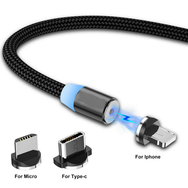 CAFELE 3 in 1 Universal Magnetic Phone Charging Cable 6.6ft Compatible with Micro USB Type C Black QC3.0 Nylon Braided Cord with LED Light Support Data Trasfer Automatically Connect 